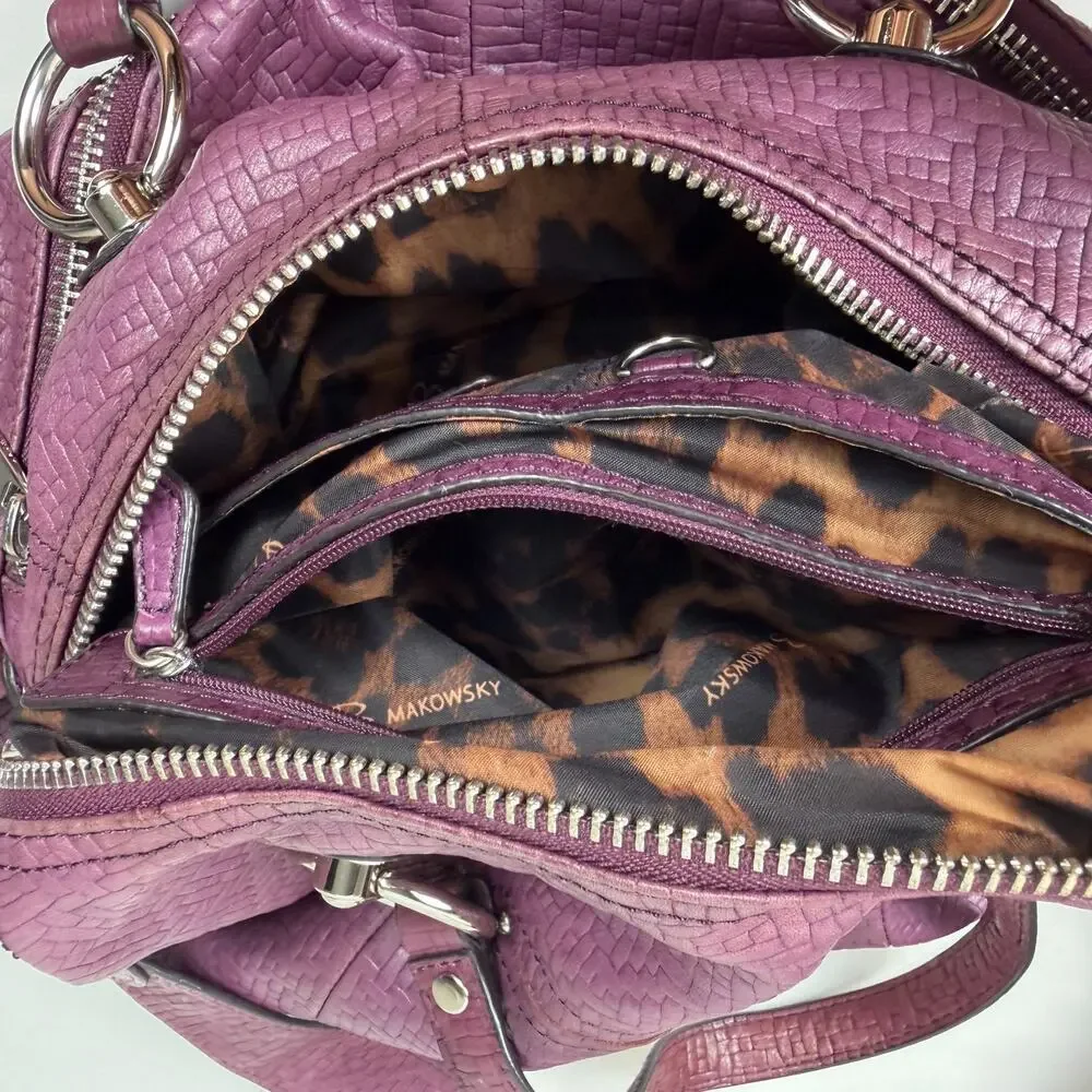 B MAKOWSKY Leather Mulberry Purple Woven Satchel Purse Handbag Y2K Double Handle